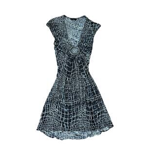 Y2K Silk Snakeskin Reptile Print Bodycon Mini Dress w Jeweled Metal Snake
